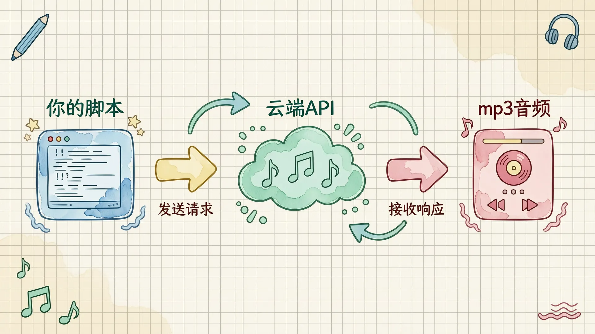 云端 API 调用流程：脚本 → 云端 → mp3