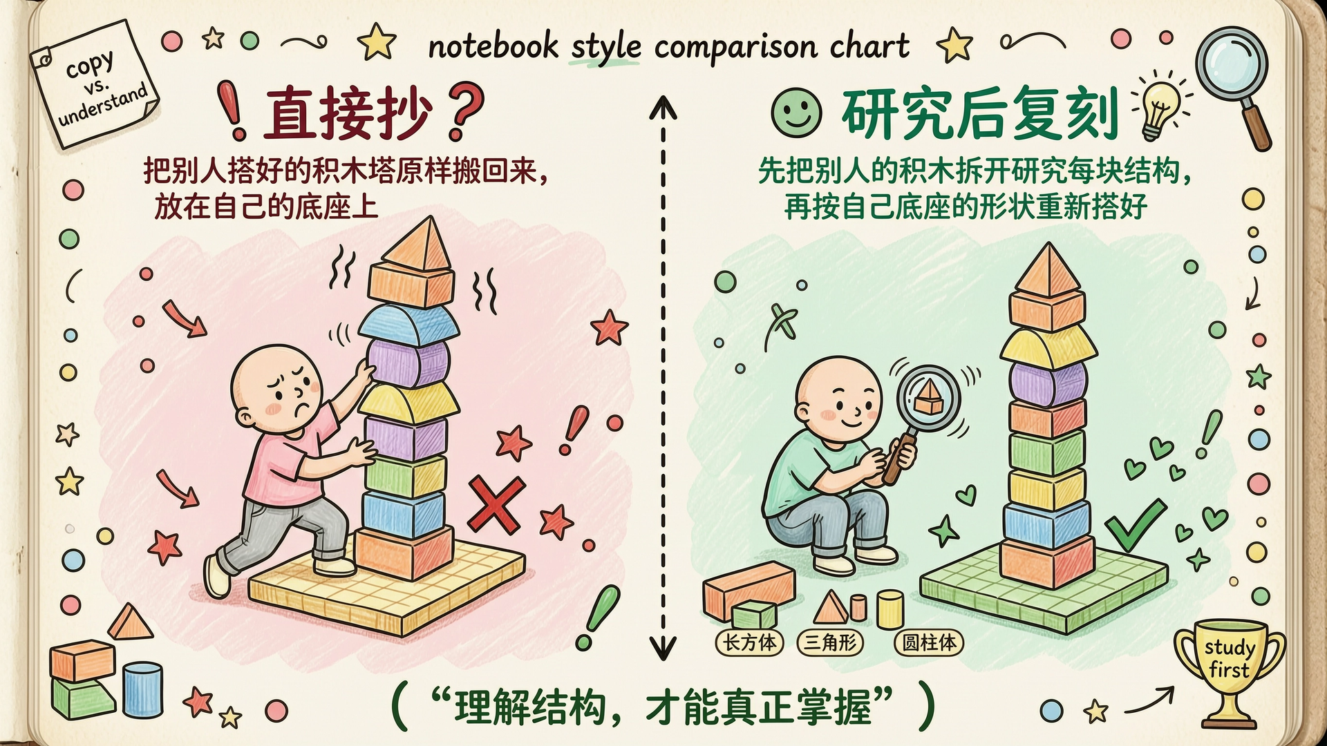 研究后复刻 vs 直接抄:左边硬搬水土不服,右边拆解理解后严丝合缝