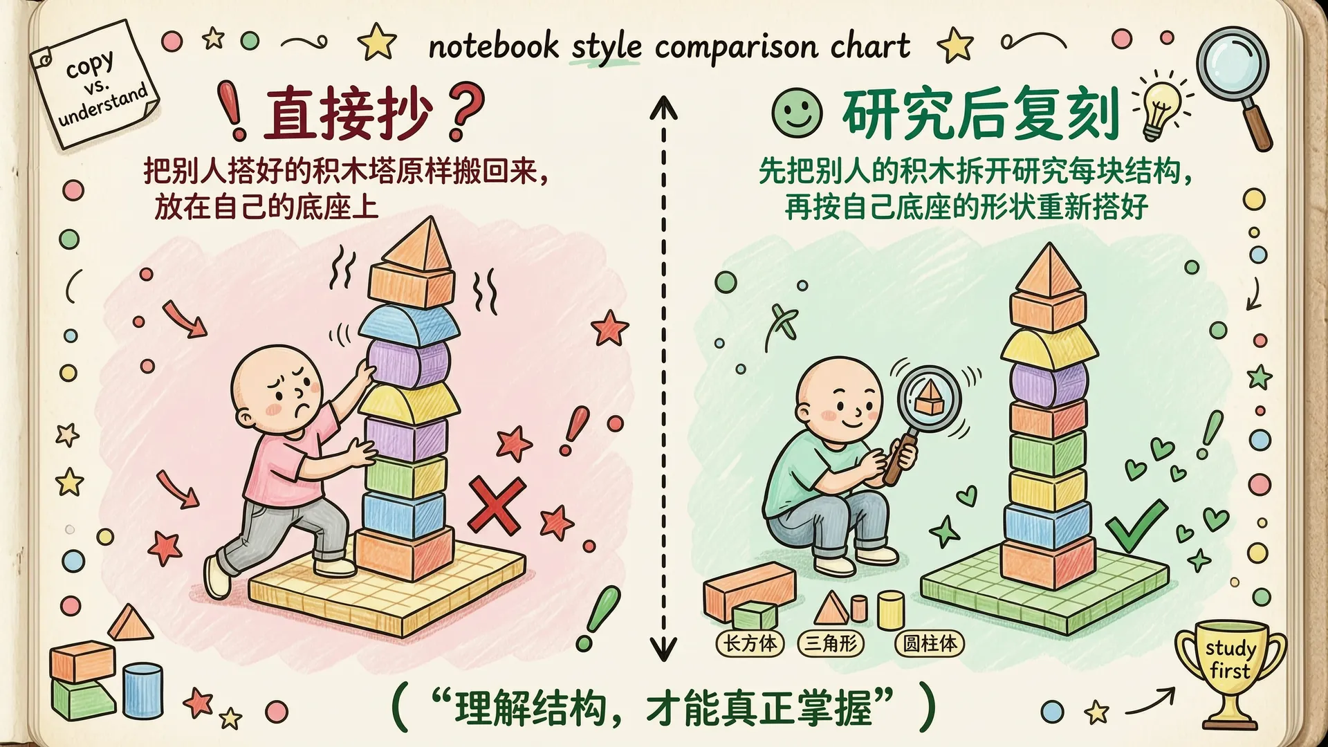 研究后复刻 vs 直接抄：左边硬搬水土不服，右边拆解理解后严丝合缝
