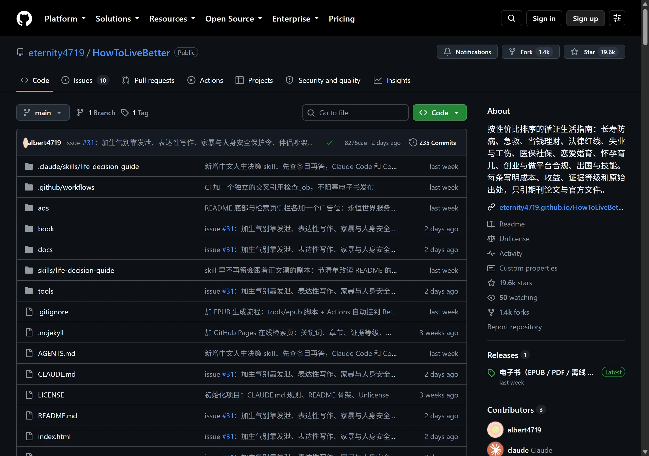《高性价比人生指南》原书仓库首页，README 徽章显示 608 条、A 级 410 条、原始文献 1281 条链接